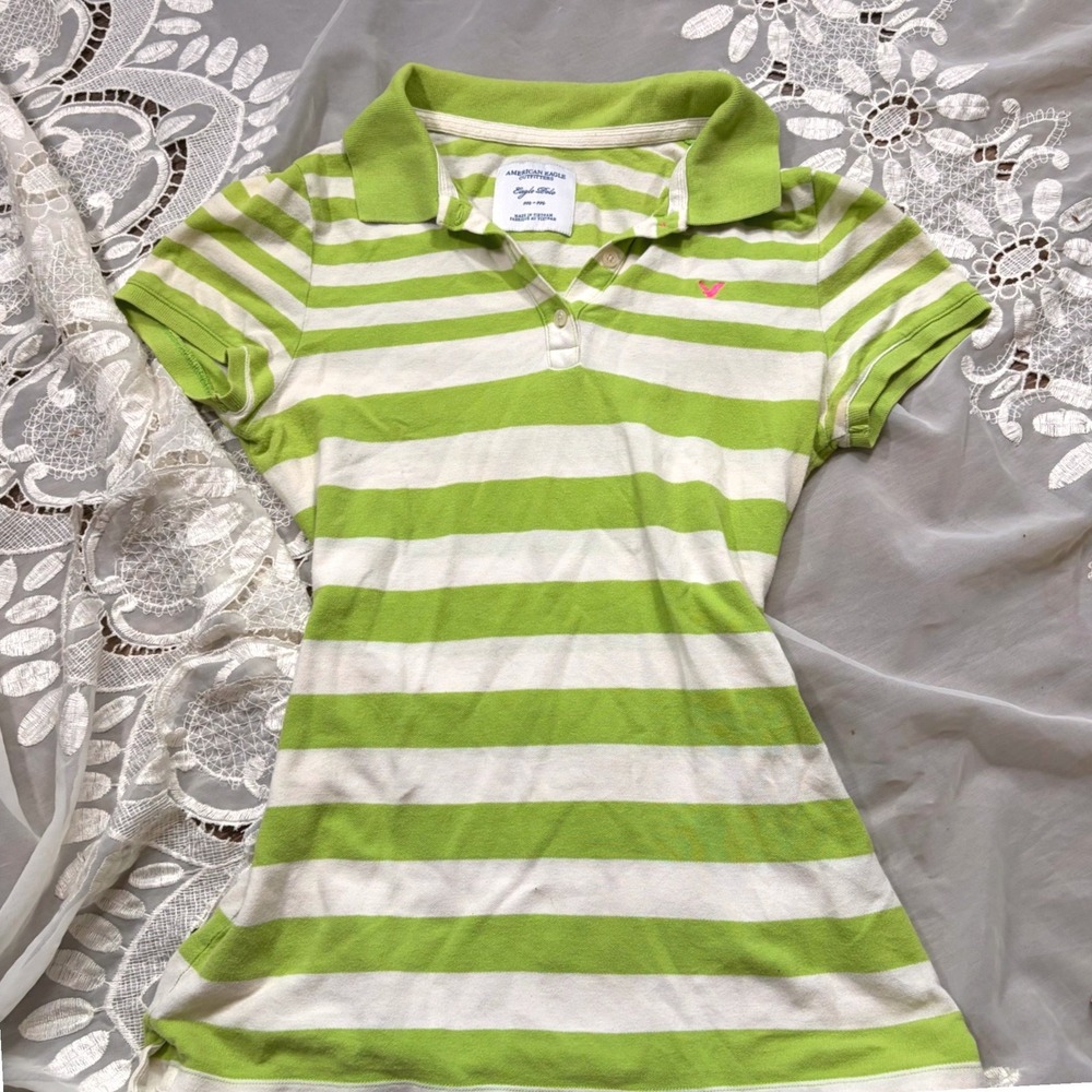 Y2K American Eagle Lime Green White Striped Eagle Polo Shirt Medium S/S